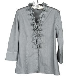 Talbots Grey Pinstripe Ruffle Front Button-Up Blouse - Size 8
